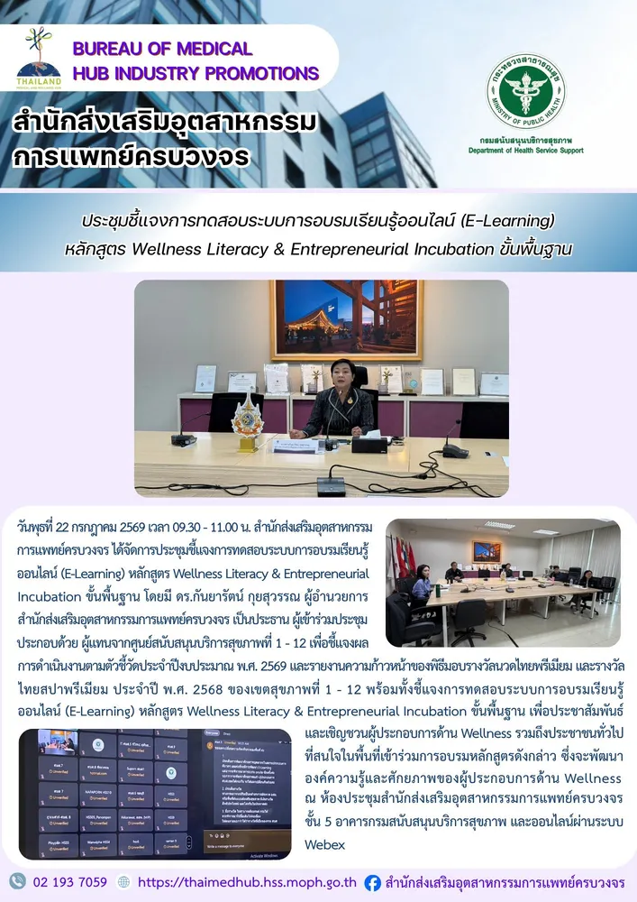 สสพ. จัดประชุมชี้แจงการทดสอบระบบการอบรมเรียนรู้ออนไลน์ (E-Learning) หลักสูตร Wellness Literacy & Entrepreneurial Incubation ขั้นพื้นฐาน
