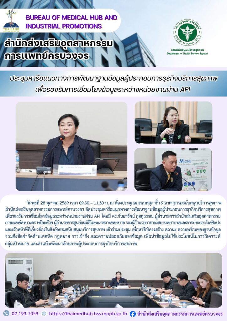 สสพ. จัดประชุมหารือแนวทางการพัฒนาฐานข้อมูลผู้ประกอบการธุรกิจบริการสุขภาพ เพื่อรองรับการเชื่อมโยงข้อมูลระหว่างหน่วยงานผ่าน API